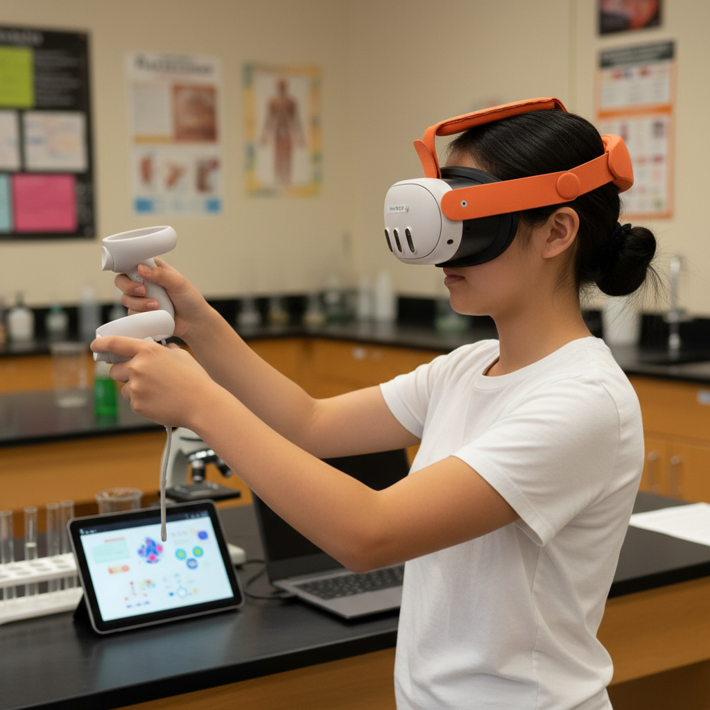 Student conducting a lab in a VR headset