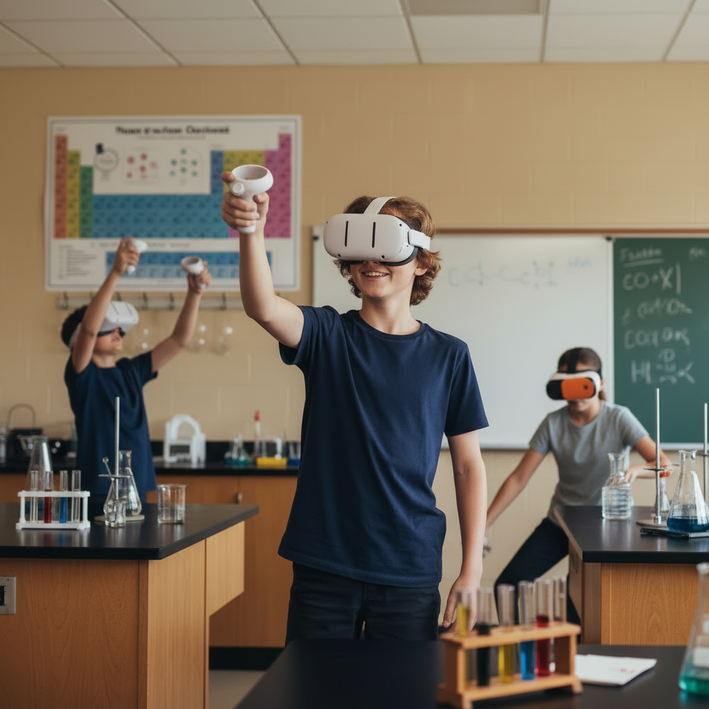 Three students using VR headsets